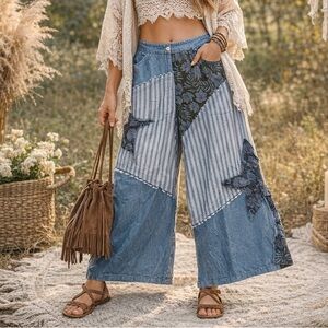 POL Premium Boutique Patchwork Wide Leg Pants Boho Artsy Medium New in Bag